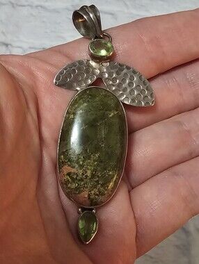 Sterling Silver 925 76 Karat Unakite With Tsavorite Gem Stones